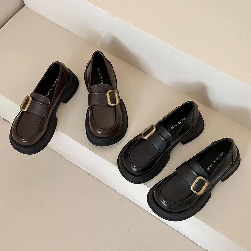 Round head British style brown platform small leather shoes women's 2025 new spring versatile skirt thick heel loafer single shoes