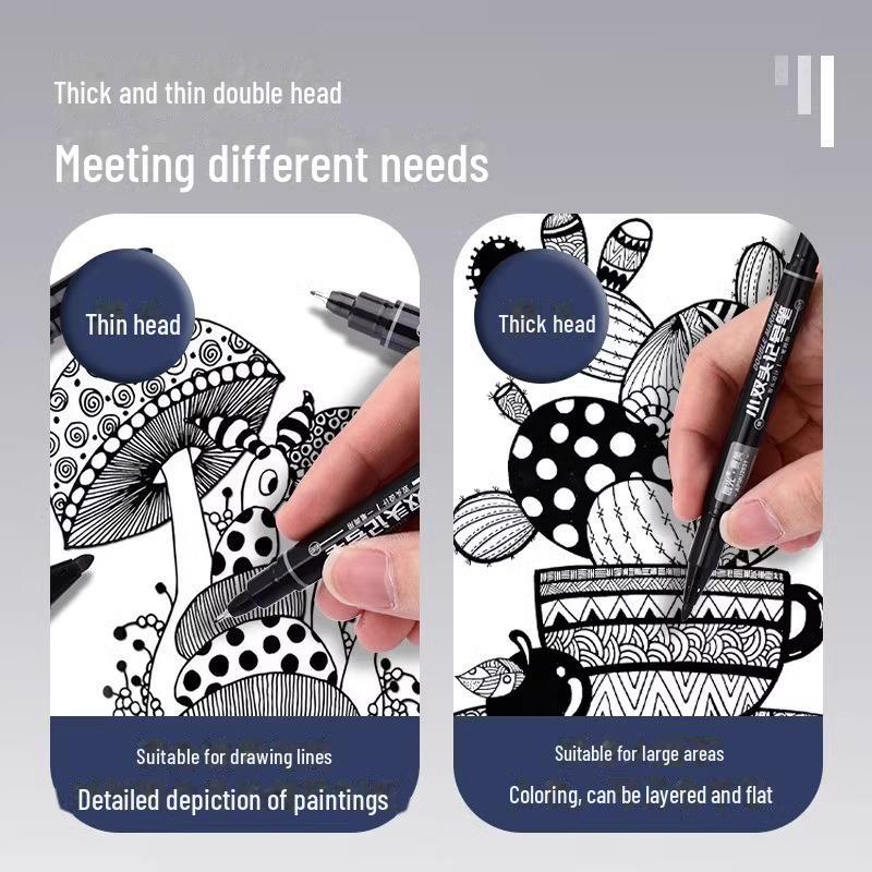 Dual-Ended Black Hook Pen: Children's Waterproof, Non-Fading Water-Based Art Marker