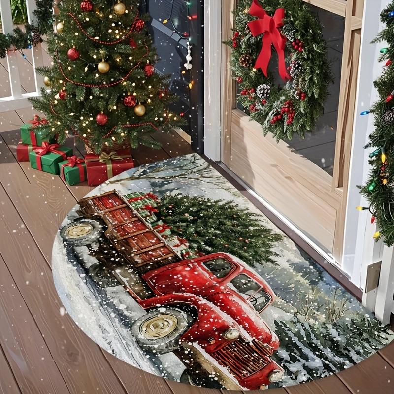 1Pcs Christmas Truck Tree Semi Circle Welcome Doormat Non-Slip for Outdoor Patio Porch Kitchen Bathroom Entryway Floor Mat