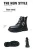 Men's Black Round Toe Ankle Boots with Cross Metal Buckle, Thick Sole, Side Zipper, and Knight Design.