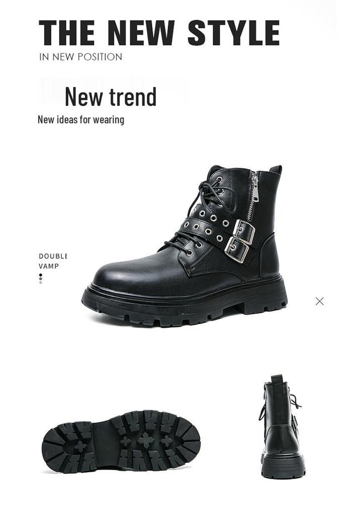 Men's Black Round Toe Ankle Boots with Cross Metal Buckle, Thick Sole, Side Zipper, and Knight Design.