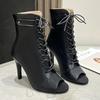 Fashion Women's New Baotou Sandals Black long fashionable high boots Women Lace up open toe leather boots Sexy slim high heels Zapatos