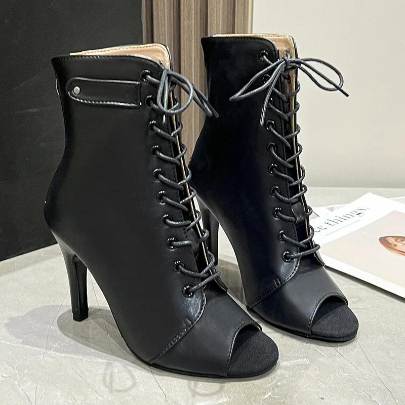 Fashion Women's New Baotou Sandals Black long fashionable high boots Women Lace up open toe leather boots Sexy slim high heels Zapatos