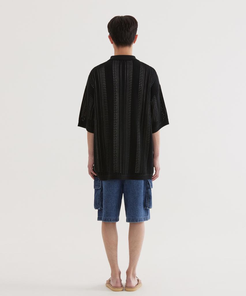 COVERNAT Crochet Half Knit Shirt Black
