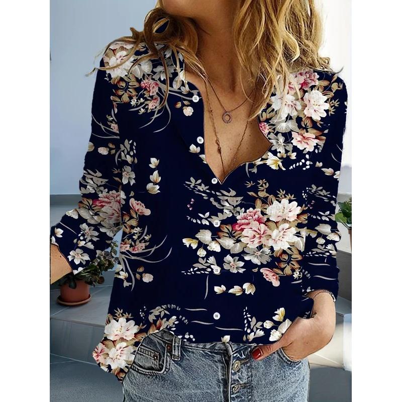 Women's Long-Sleeve Shirt with 3D Flower and Butterfly Print, Simple Tops with Lapel, Casual Clothing for Going Out