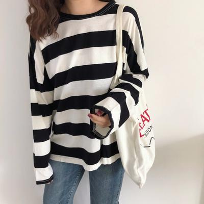 Herbst Neues Langarm-T-Shirt Damen Streifen Koreanische Version Locker und Vielseitig Damen Oberbekleidung Studenten Damenbekleidung