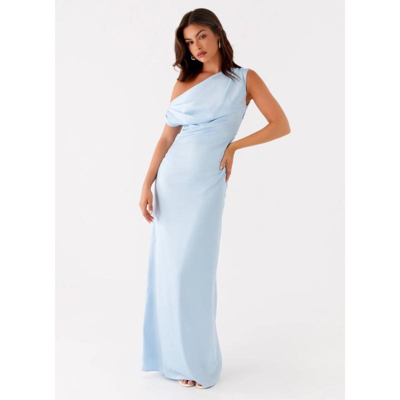 Damen Sommerkleid 2025 Neu Einfarbig Asymmetrisch Schulterfrei Rüschen Lang