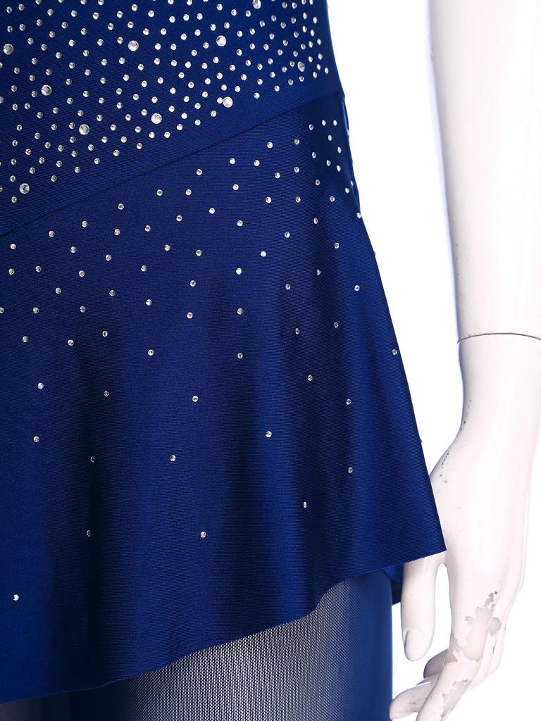 Dámský taneční overal s falešným rolákem, bez rukávů, z průsvitné síťoviny, s nášivkami, se třpytivými kamínky, s nepravidelnou sukní