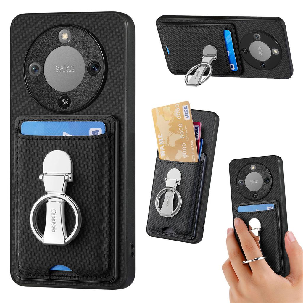 CASENEO Telefondeksel For Honor Magic8 Lite 5G / X9d 5G / X70 5G Lær Bakdeksel med Støtte og Kortplasser Karbonfibertekstur