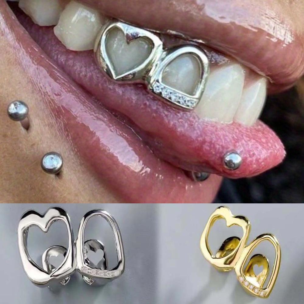 Hollow Heart Zirconia Two-Tone Gold Hip Hop Braces - Glossy and Versatile Accessory
