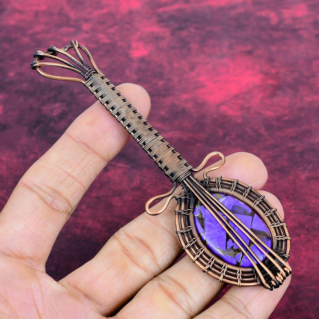 Copper Charoite Real Gemstone Pendant Guitar Pendant Copper Wire Wrapped Jewelry