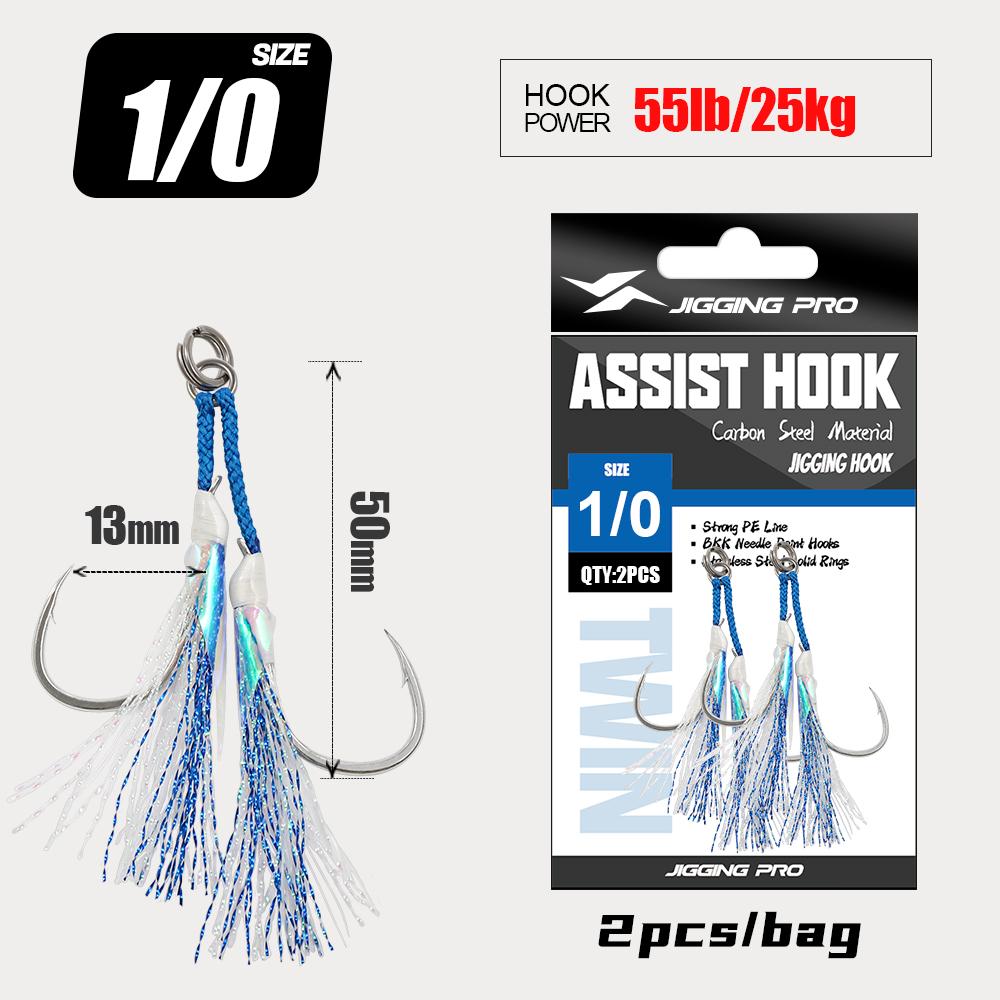 Jigging Pro High Carbon Steel Luminous Flasher Shore Jigging Hook 1/0 2/0 3/0 4/0 Anti Corrosion Fishing Assist Hooks with Barb (Blue,1/0) синий