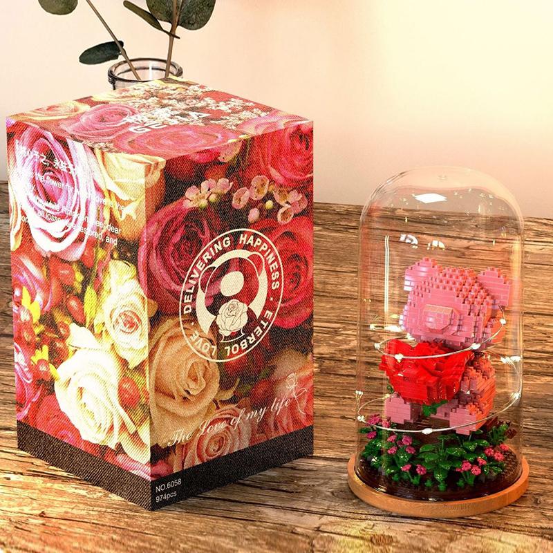 

DIY Микро Роза Медведь Строительные Блоки Игрушка Стеклянный Купол Цветы со Светом Романтические Вращающиеся Строительные Кирпичи Украшения Для Девочки