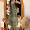 French Seaside Vacation Print Irregular Sleeveless Suspender Dress Female Drape Waist Thin Fairy Long Skirt