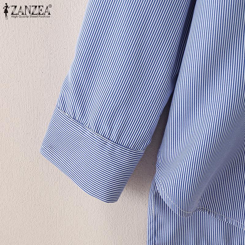 ZANZEA Women Casual Turn Down Collar Long Sleeve Stripe Blouse