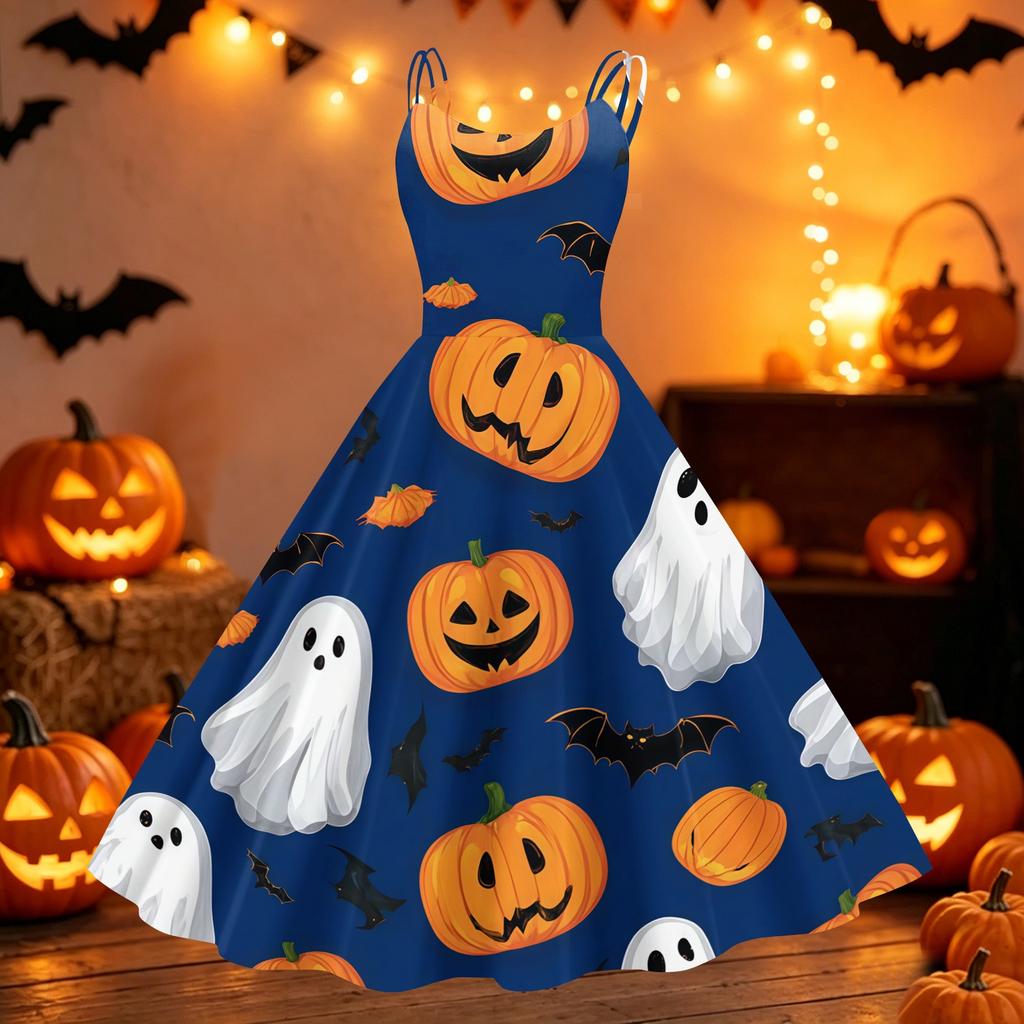 Womens Halloween Printed Off Shoulder Dress Vintage Punk Style Sleeveless Spaghetti Strap A Line Swing Dress with Flared Skirt for Party