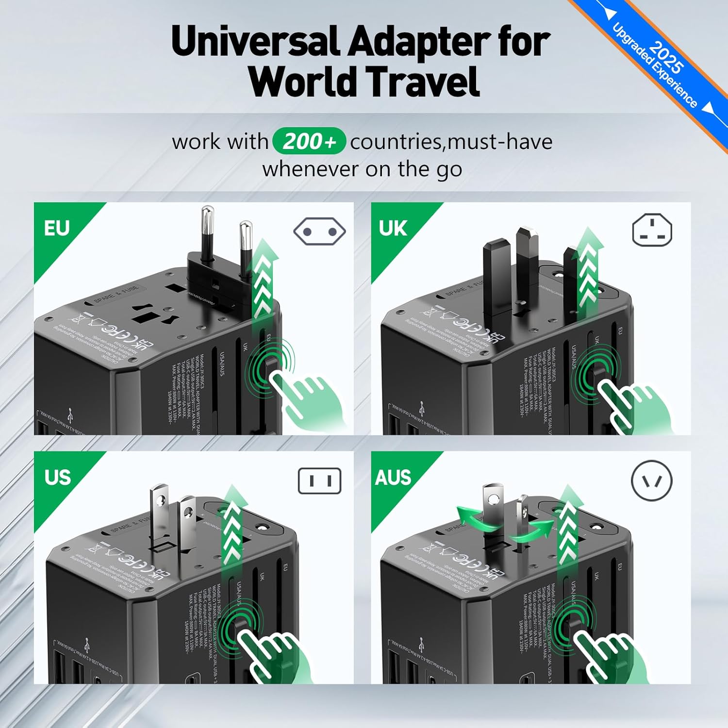 Universal Travel Adapter International Plug - European Travel Plug Adapter Worldwide US AUS EU UK Spain Germany Ireland Italy - All-in-one Travel
