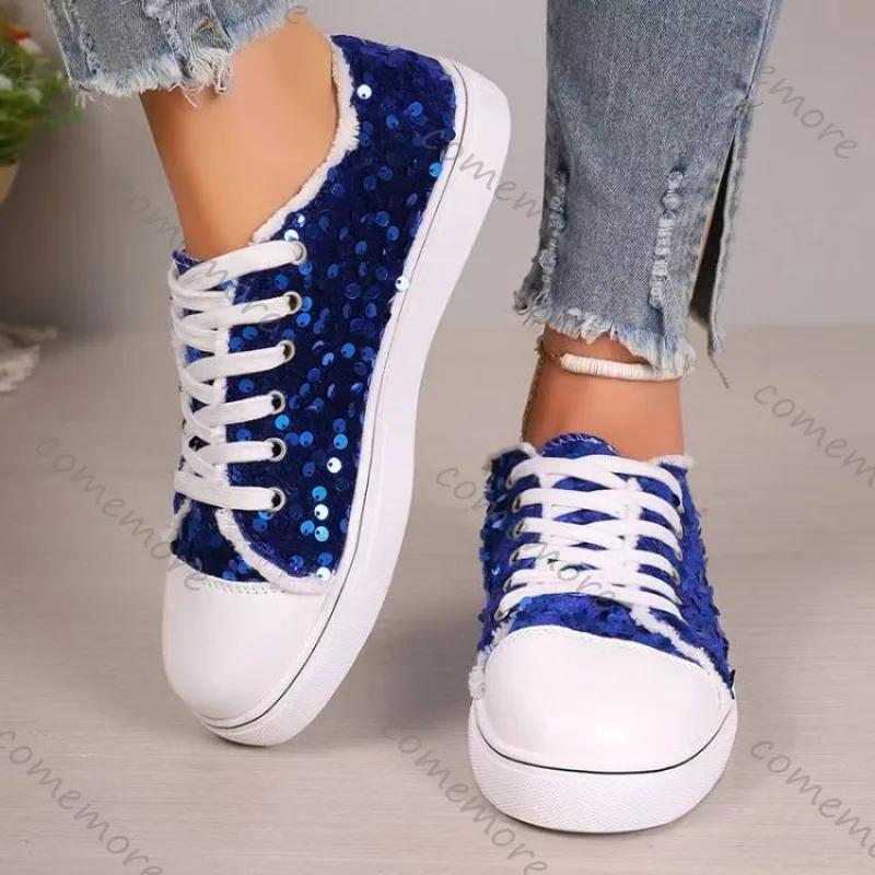 Comemore Large Size Women's Single Shoes Spring Autumn New Sneakers Round Head Flat Bottom Lace Up Sequins Casual Shoes