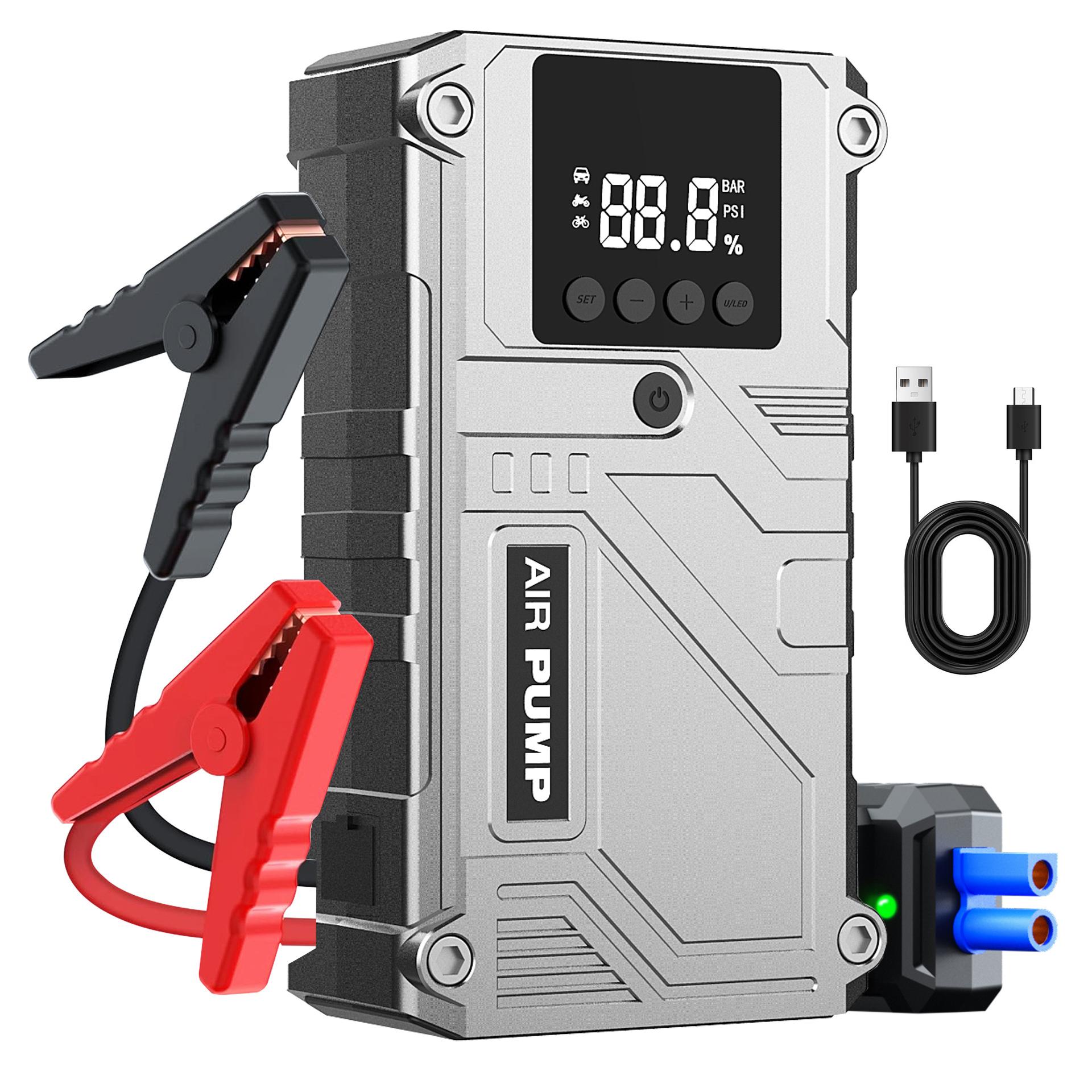 

Пусковое устройство с воздушным компрессором, 3000А Портативный бустер автомобильного аккумулятора (8.0 Бензин/6.0л Дизель) , 12В Супербезопасный Литиевый Пусковое Устройство для Автомобильного Аккумулятора 8000A серебряный