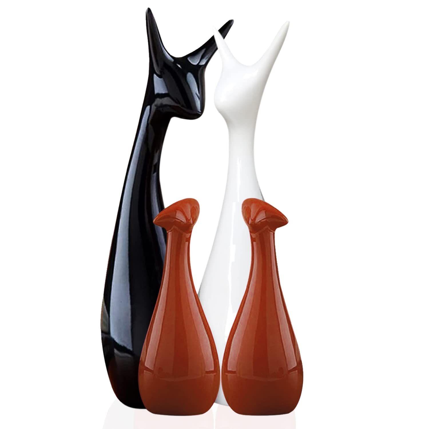 

Статуя семьи счастливых оленей для домашнего декора, керамические фигурки с отделкой фортепиано - (Набор из 4 штук, Коричневый, Черный, Белый)