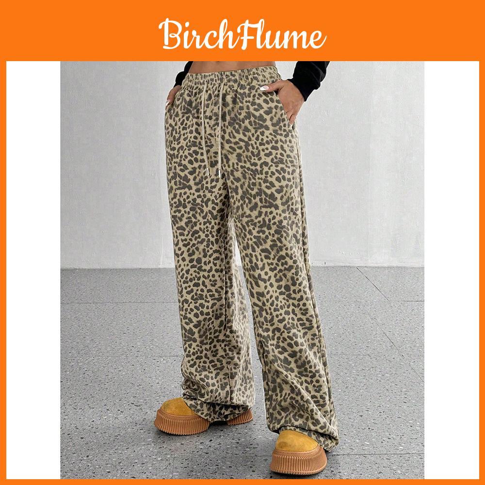 Leopard Print Casual Pants For Women With Polyester Fabric And Loose Fit For Autumn