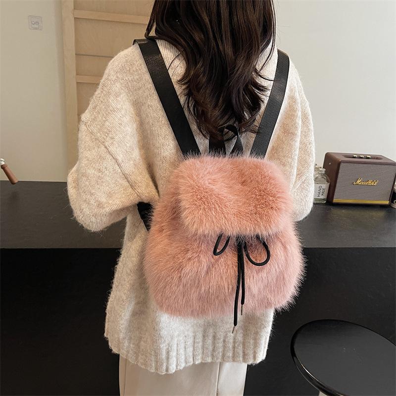 New plush backpack imitation rabbit fur backpack student girl large capacity drawstring casual solid color bag
