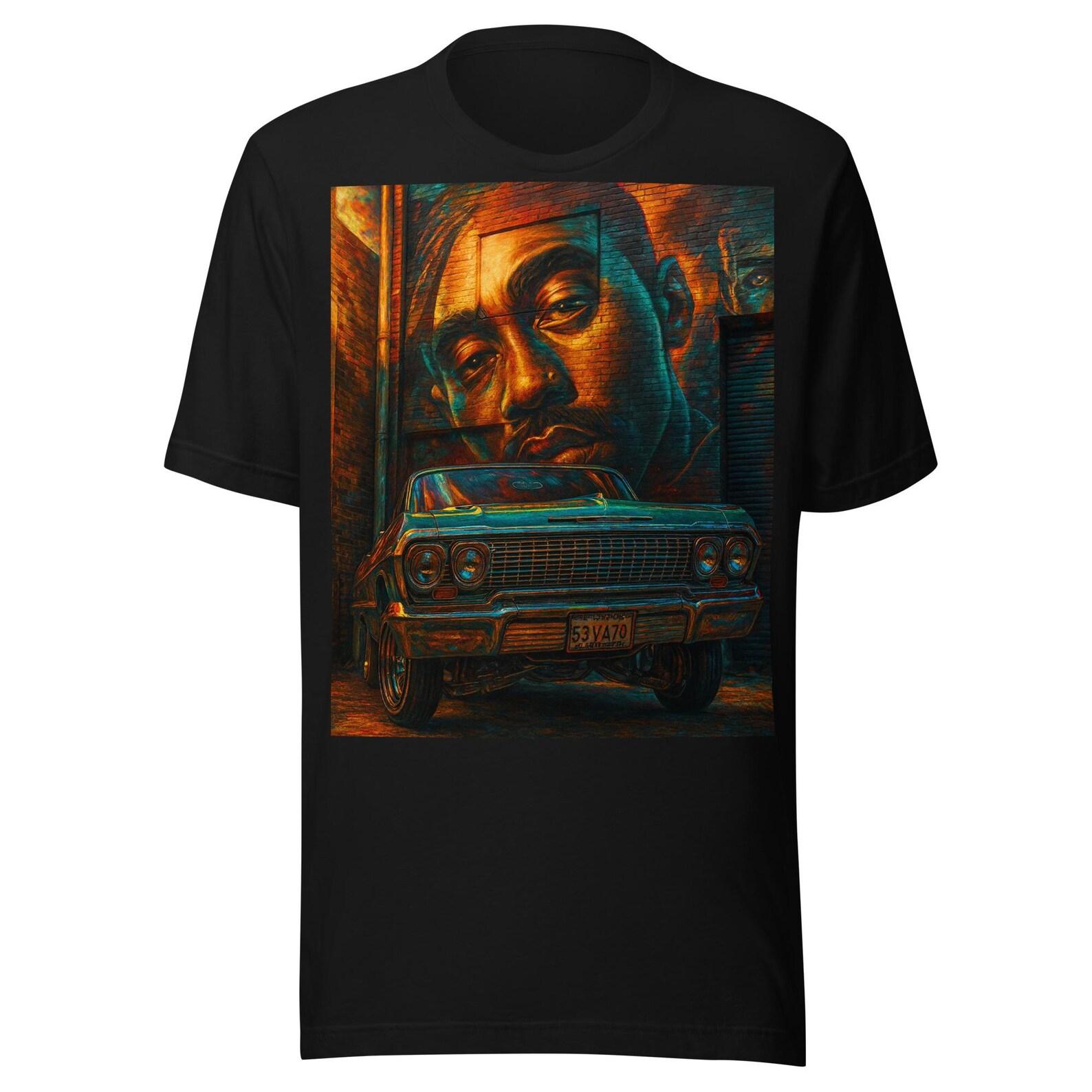 Chicano Lowrider Wall Art – Classic Impala Street Mural with Barrio Portrait Unisex t-shirt S