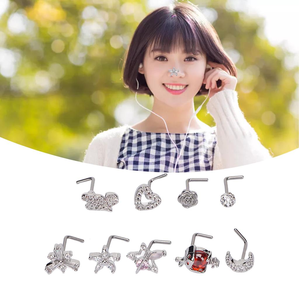 9pcs L Shaped Nose Studs Women Fashionable Stainless Steel Zirconia Nose Studs Jewelry Accessory