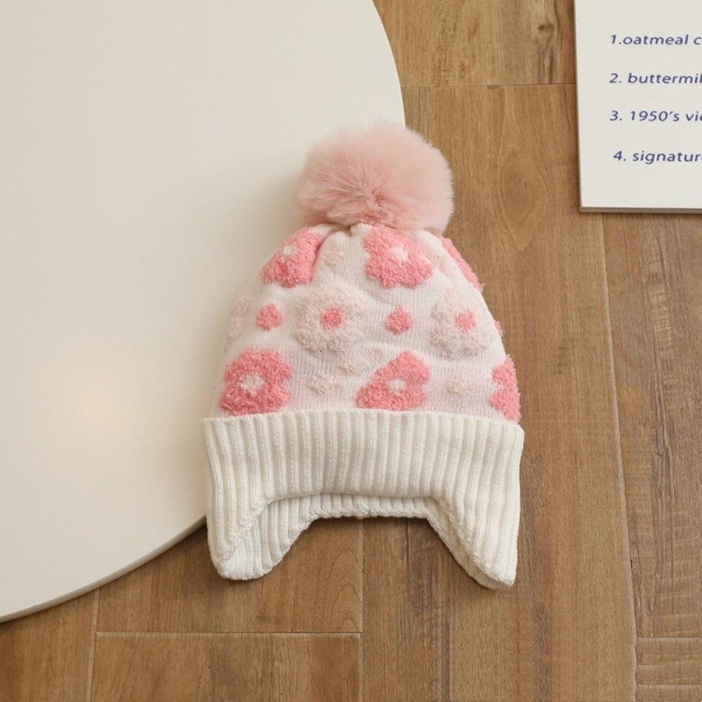 Winter Flower Ear Protector Hat Kids Warm Pompom Knitted Hats Toddler Bonnet  Children's Outdoor