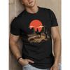 European Size Men'S Western Cowboy Graphic Tee, Polyester Casual Crew Neck T-Shirt with Slight Stretch, Geometric Desert Landscape Print, Summer