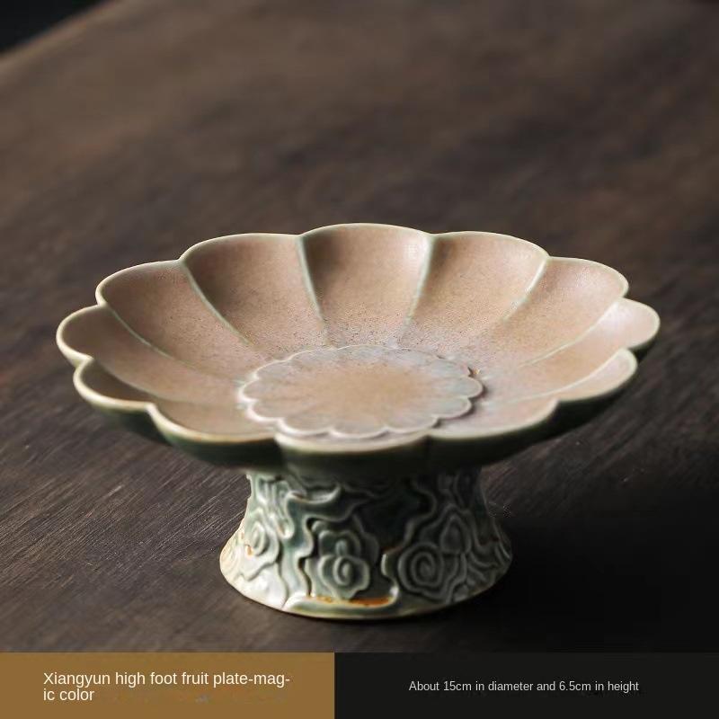 Kiln Baked High Foot Fruit Plate Chinese High Foot Dried Fruit Dish Ceramic Dim Sum Plate Tea Cake Tray Vintage Snack Tray