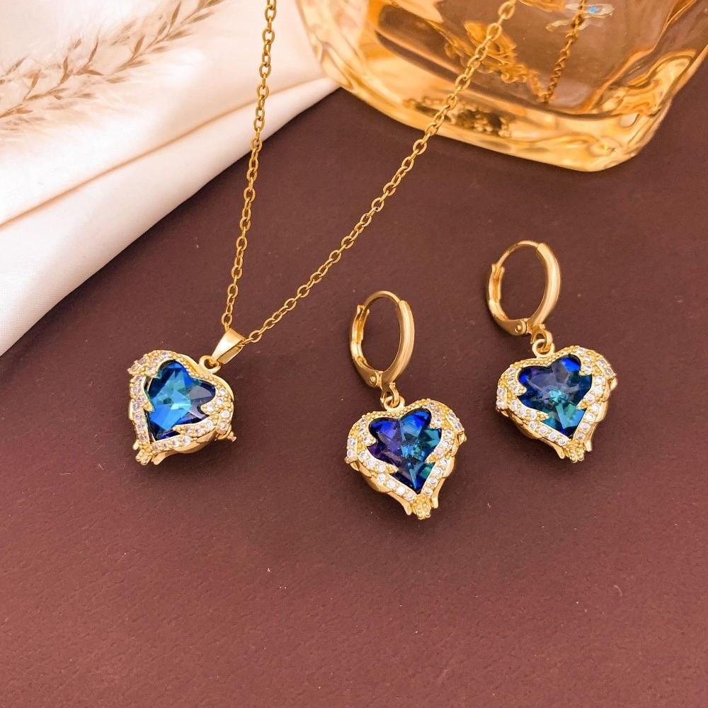 Elegant Ocean Heart Necklace Earrings Multi-Color Zircon Pendant Anniversary синий