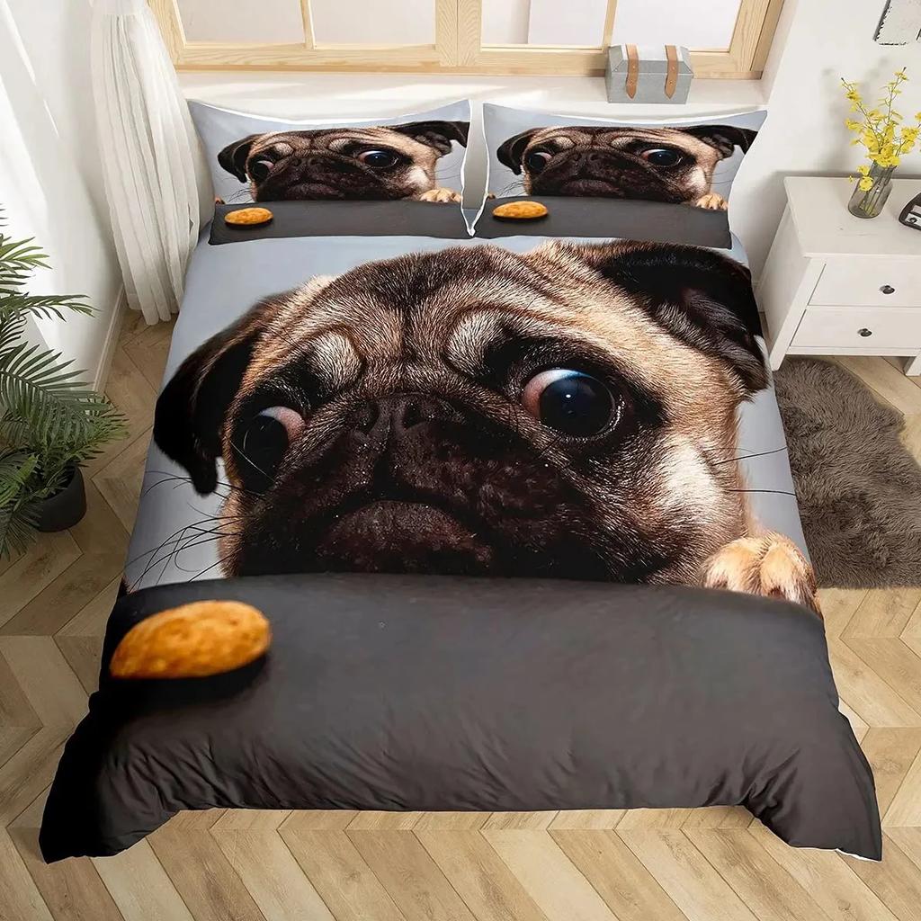 Cartoon Pug Dog Duvet Cover Set Comforter Cover Soft Bedding Set Full Size for Boys Girls Bedroom 2/3 Pieces with Pillow Shams