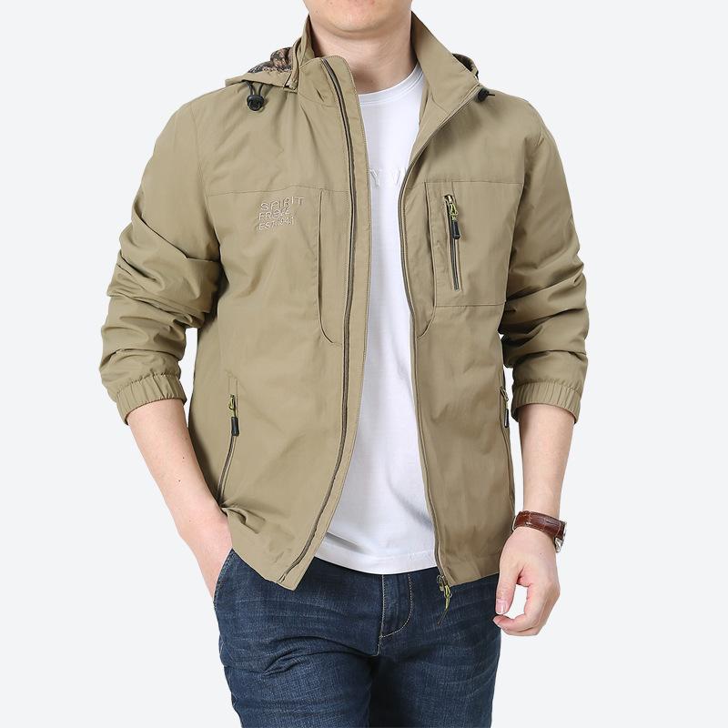 Frühlings- und Herbst Herren Mittel- und Jung Outdoor Freizeitjacke Mehrfach-Taschen Kapuzenjacke Armeegrün Jacke Große Größe Jacke