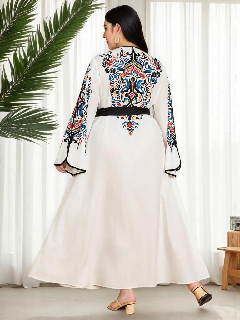 Middle East Ethnic Style Printed Bow V-neck Plus Size Maxi Dress