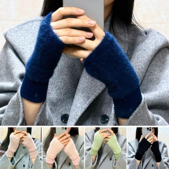 Fingerless Gloves for Women Faux Fur Thumb Hole Half Finger Gloves Stretchy Warm Winter Typing Writing Mittens
