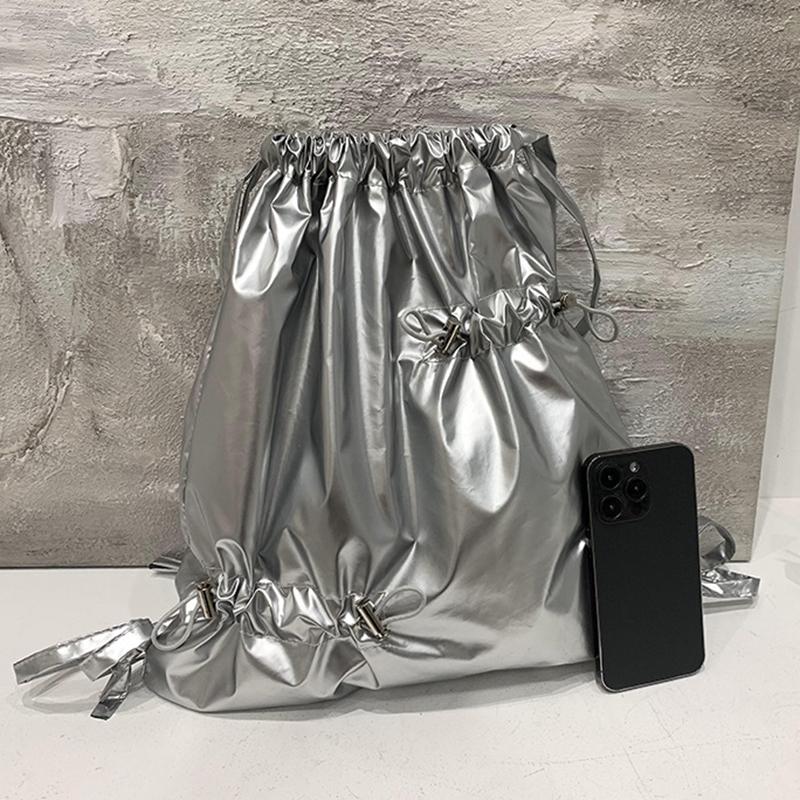 New Silvery Drawstring Double Shoulder Bag Women's Korean Lazy Tote Backpack Lightweight Easy-to-Carry Outdoor Sports Backpack AVE