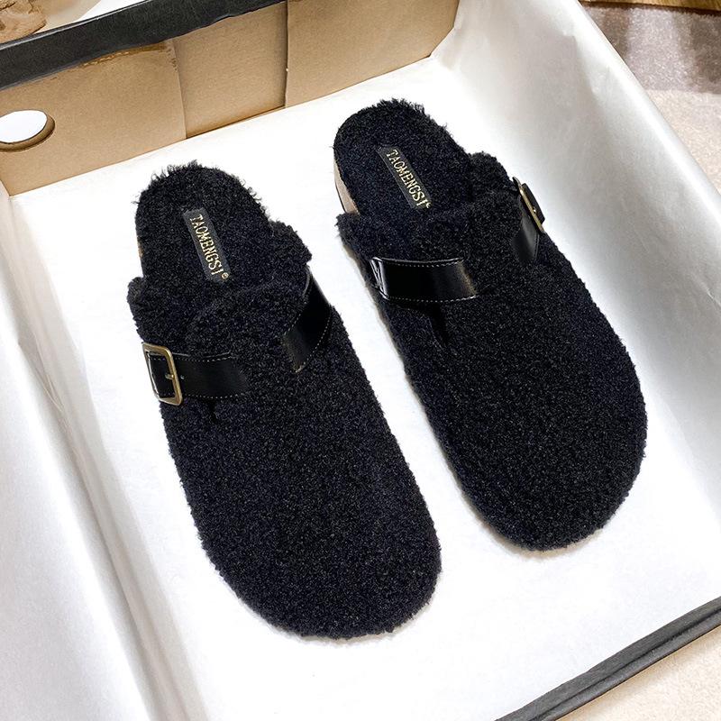 

Yixinda 2025 Women s Retro Lambswool Birkenstock-Style Thick-Soled Closed-Toe Furry Slippers 40 чорний