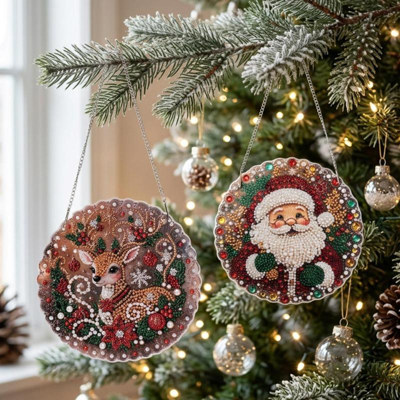 Pearl Diamond Painting Pendant 2D Flat Pearl Bead Crafts DIY Handmade Christmas Decor Hanging Santa Claus Christmas Tree Pattern
