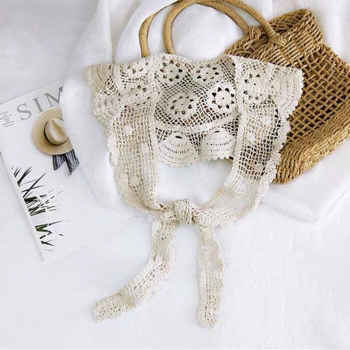 

Spring Summer Lace Knitted Crochet Hollow Fake Collar Women Small Shawl Decor Detachable Thin Sun Protection Clothes Accessory абрикосовий