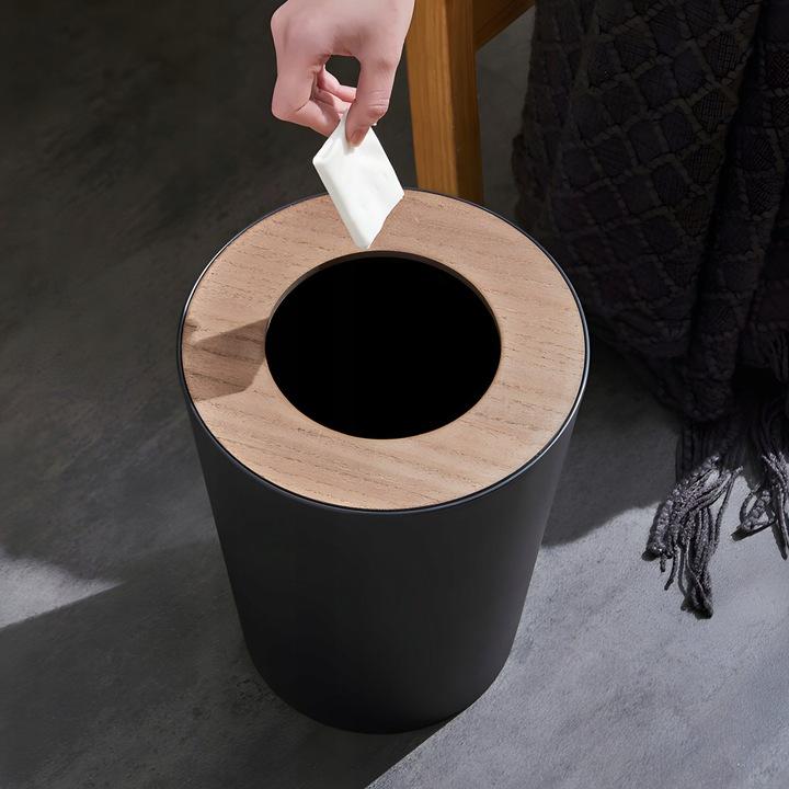 Łazienkowy kosz na śmieci okrągły czarny mat bambus loft toaleta wc