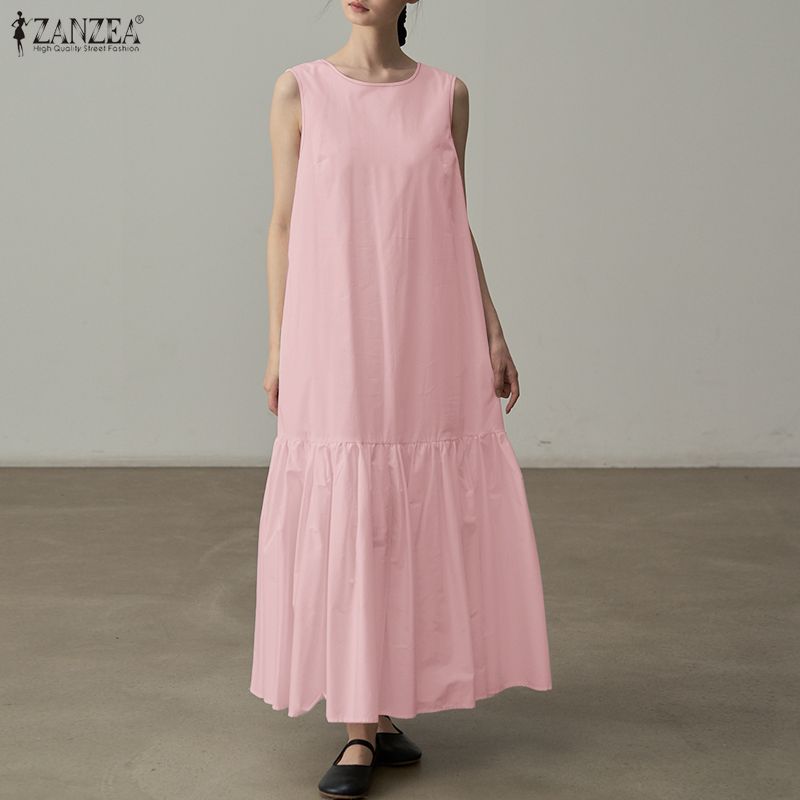 ZANZEA Women Daily Casual Round Neck Summer Sleeveless Long Dress