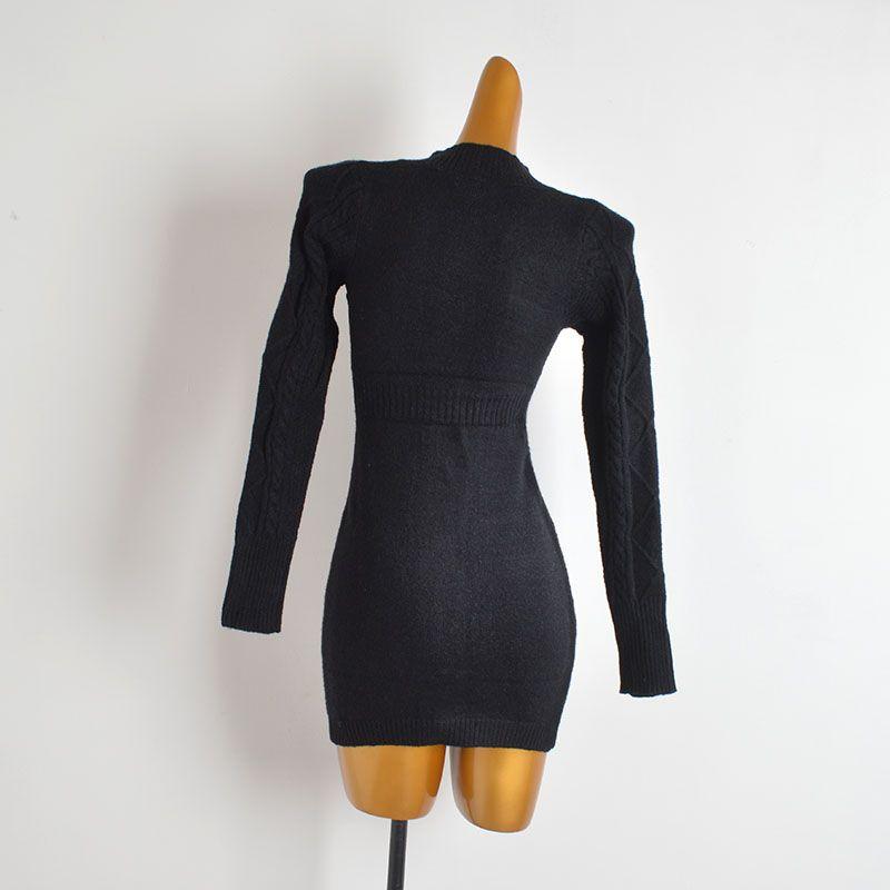 New Arrival Pure Color Stand Collar Metal Breasted Long Sleeve Knitting Dress Women's Spring Fall and Winter Waist-Tight Slim Looking Bodycon Dress