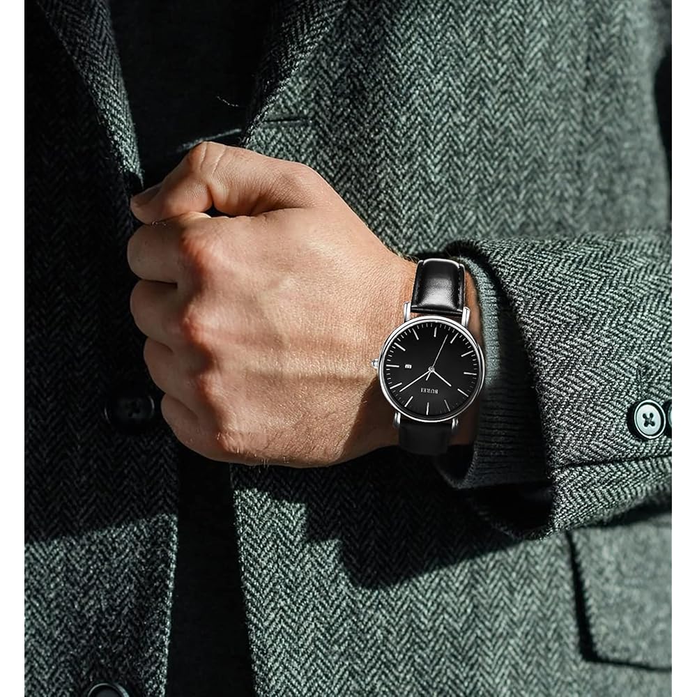 BUREI Men's Simple Stylish Watch Leather Band Slim Design Timepiece