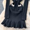 Spring Autumn Women V-neck Full Sleeve Knitted Sweater Party Mini Short Pullover Mermaid Dresses