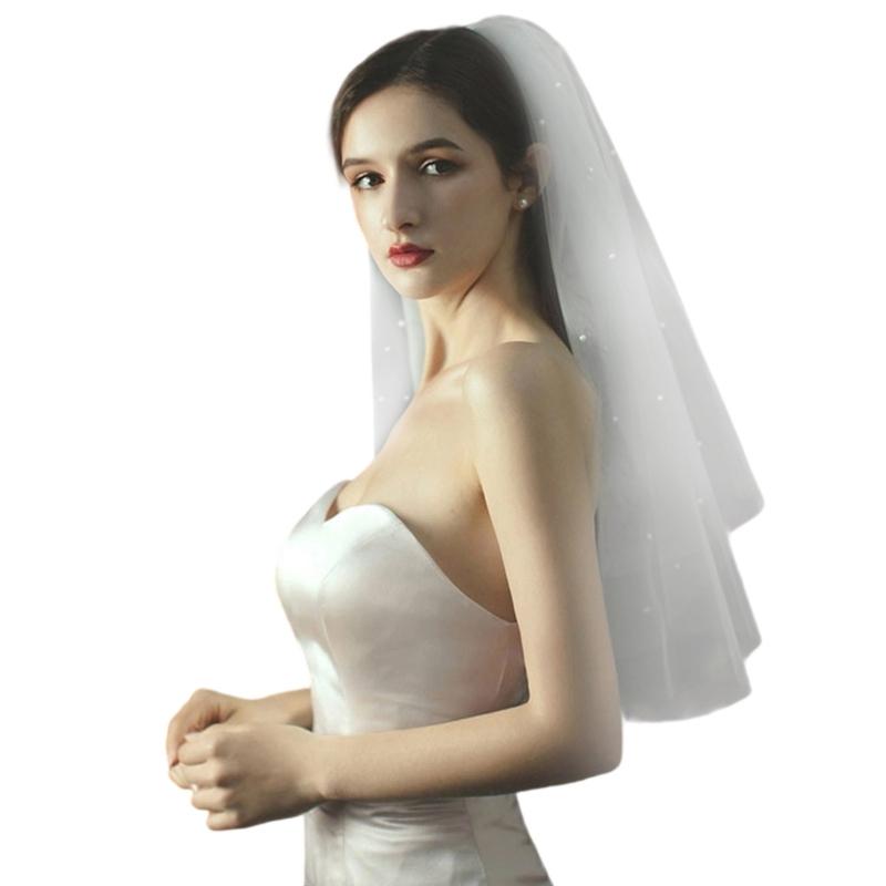 

Элегантная двухслойная тюлевая свадебная фата с бисером для свадебной церемонии и банкетов, аксессуар для головы для фотосъемки