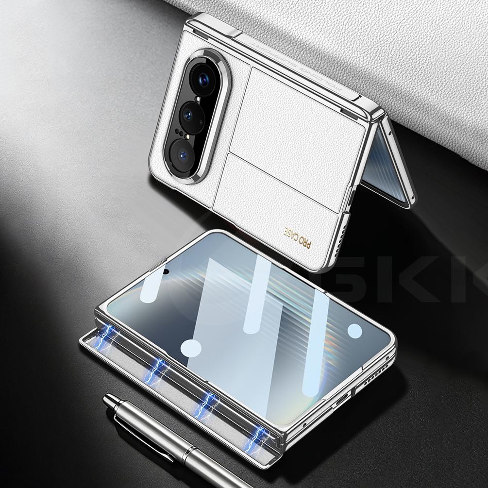For Huawei Pura X Max Case Magnetic Hinge Stand Plating Leather Wireless Charge Front Screen Glass Cover For Huawei Pura X Case