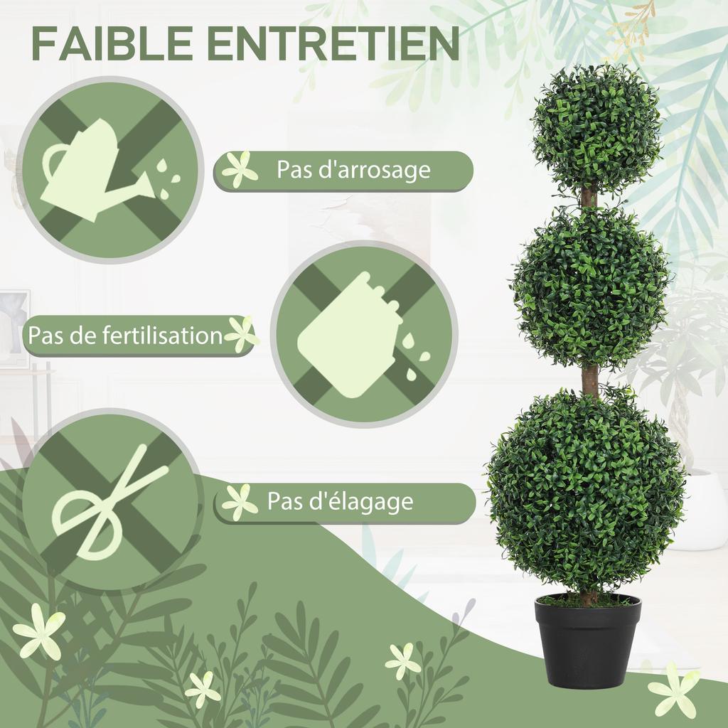 Conjunto de 2 árvores artificiais 101,6 cm 3 bolas topiárias de buxo planta falsa verde PE com vaso interior e exterior