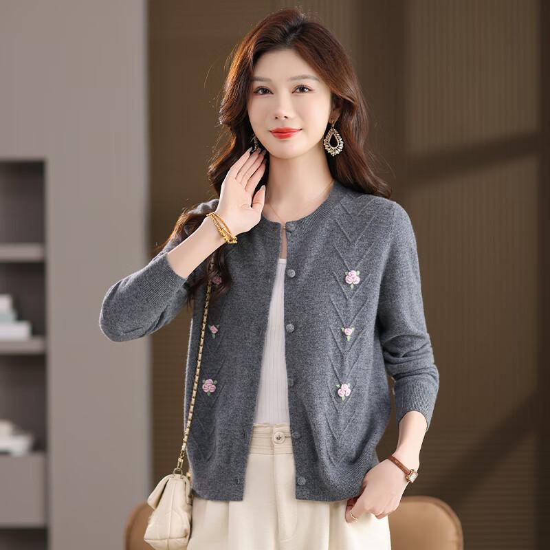 Women's 100% Wool Round Neck Embroidered Cardigan