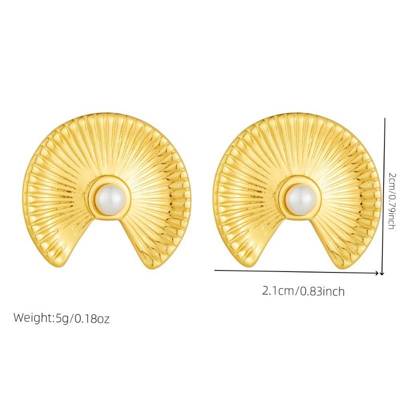 Gold Fan Shaped Stud Earrings with Pearl Center for Women